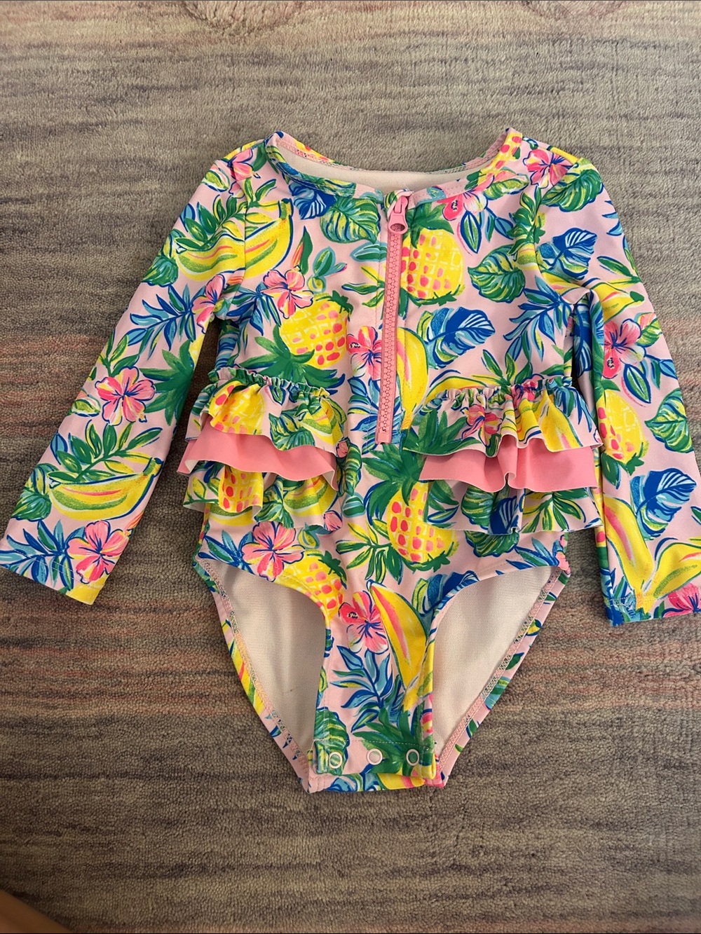 Ella Pink Tropical Fruit Ruffle Long-Sleeve One-Piece Swimsuit